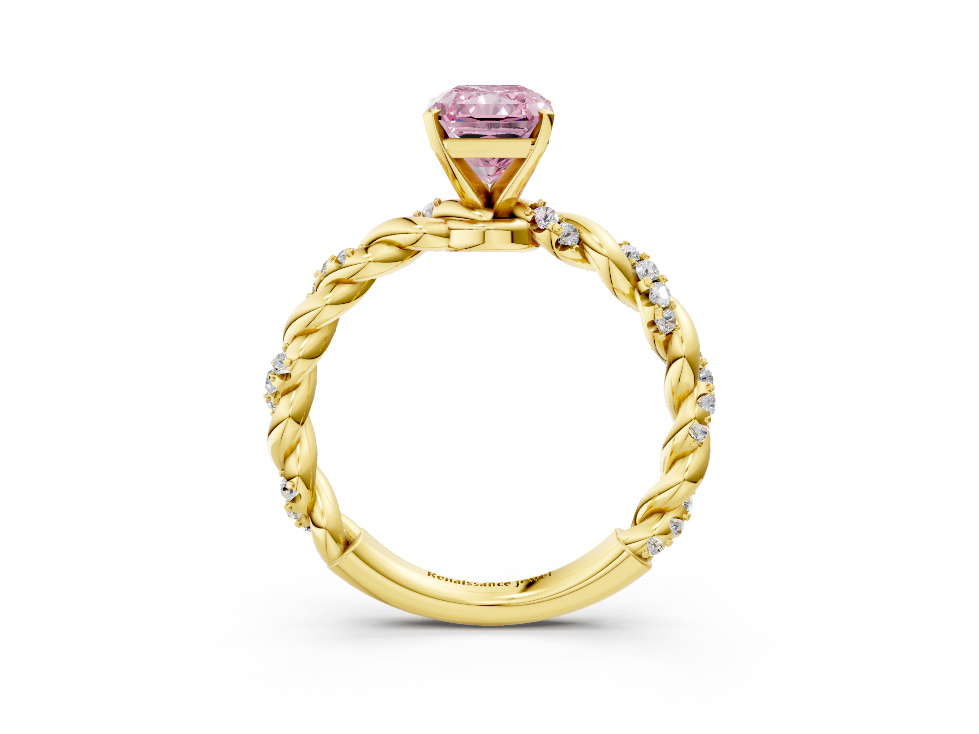 Yellow gold Fancy Pink Radiant  Solitaire Twisted Band with Pavé Accents and Four-Prong Setting_6