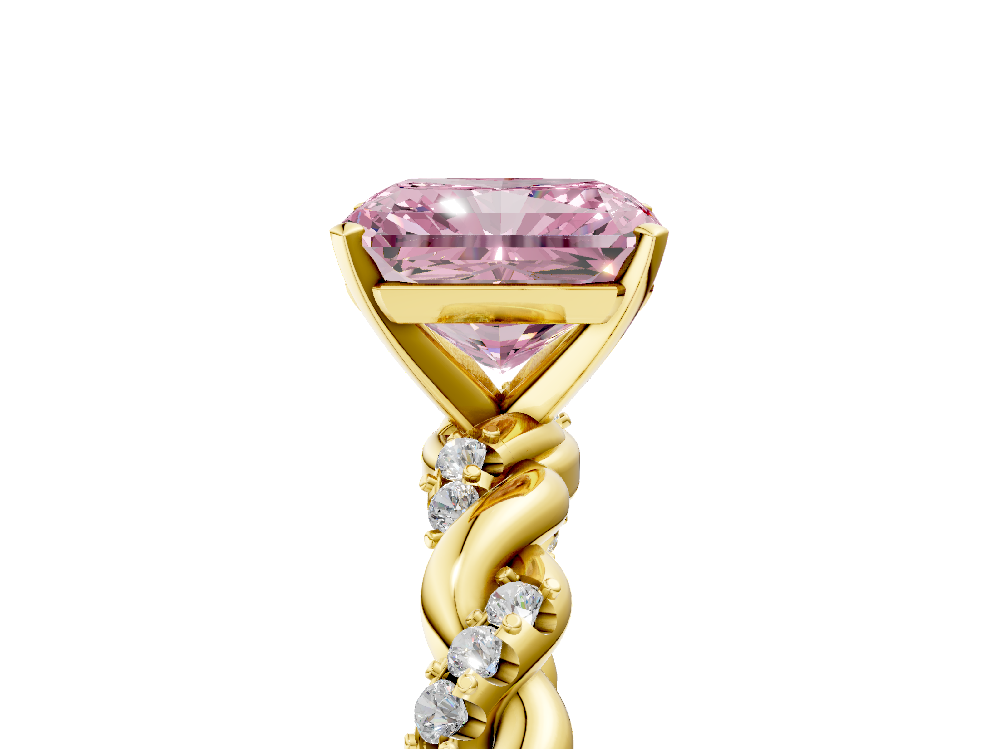 Yellow gold Fancy Pink Radiant  Solitaire Twisted Band with Pavé Accents and Four-Prong Setting_8
