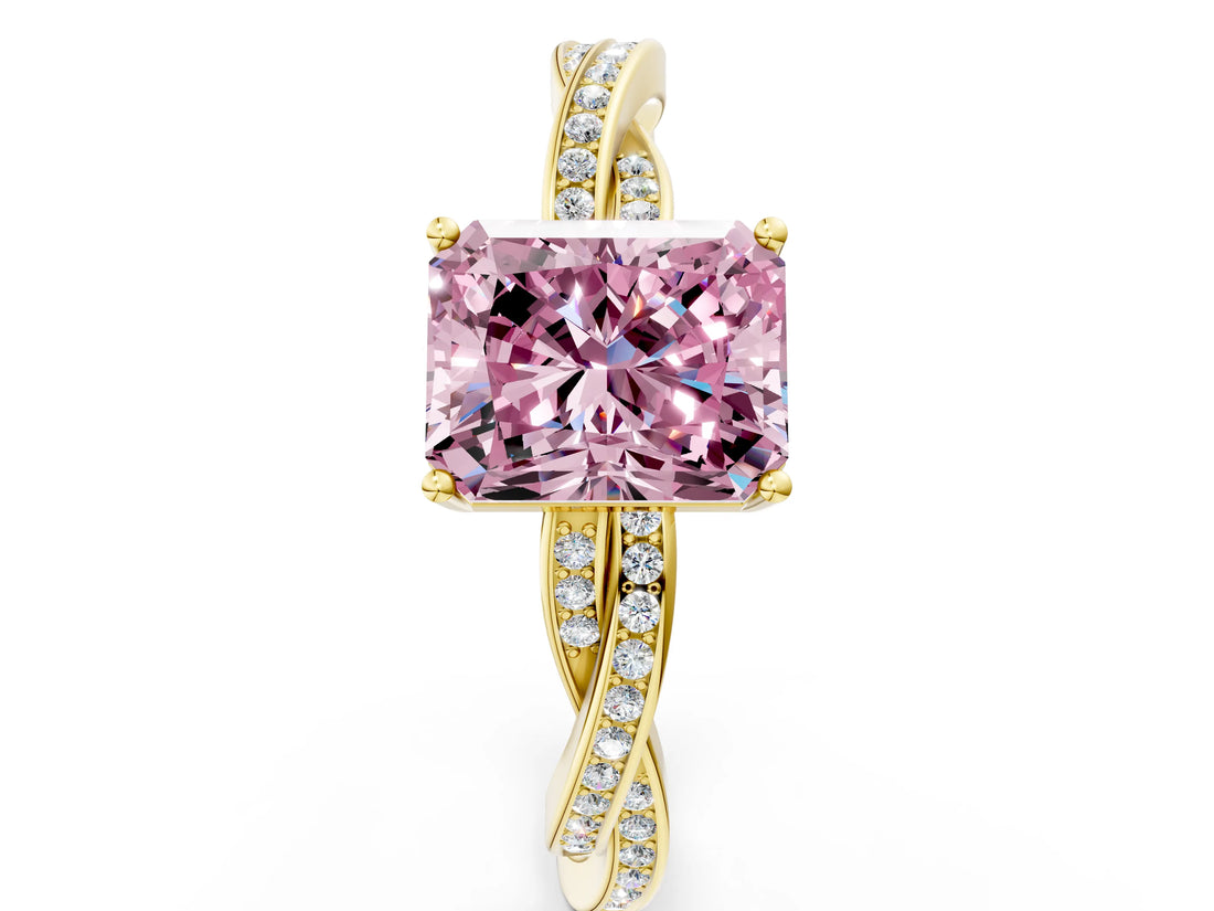 Yellow gold Fancy Pink Radiant  Solitaire Twisted Pave Diamond Ring with Four-Prong Setting_12