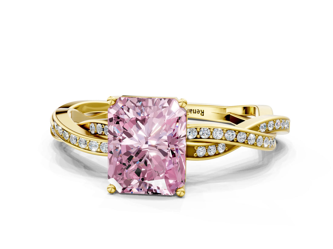 Yellow gold Fancy Pink Radiant  Solitaire Twisted Pave Diamond Ring with Four-Prong Setting_125