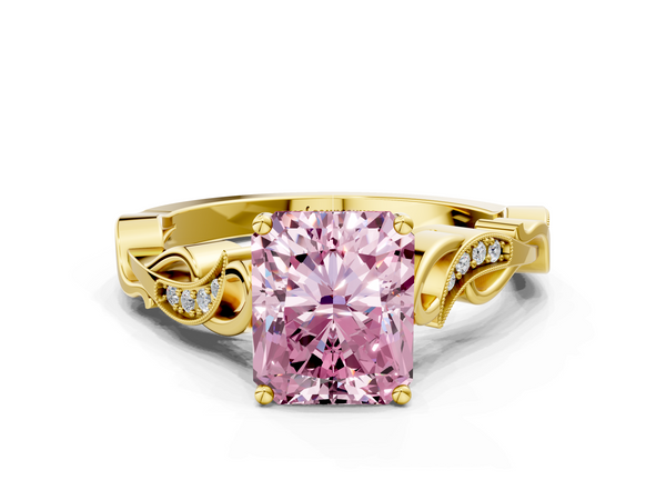 Yellow gold Fancy Pink Radiant  Solitaire Vine Band with Milgrain Prong Setting