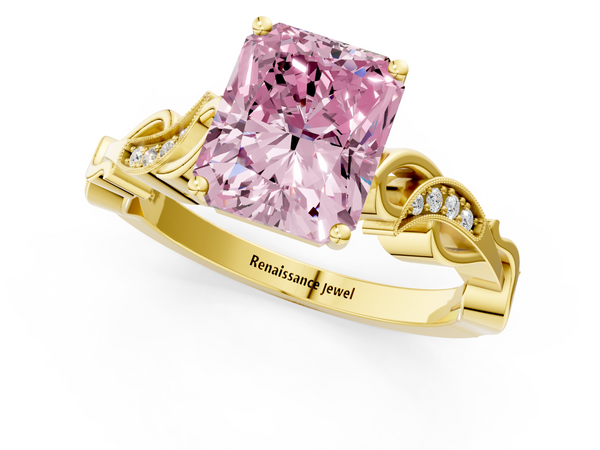 Yellow gold Fancy Pink Radiant  Solitaire Vine Band with Milgrain Prong Setting