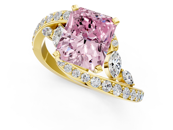 Yellow gold Fancy Pink Radiant  Solitaire with Pavé Twist Band and Four-Prong Setting