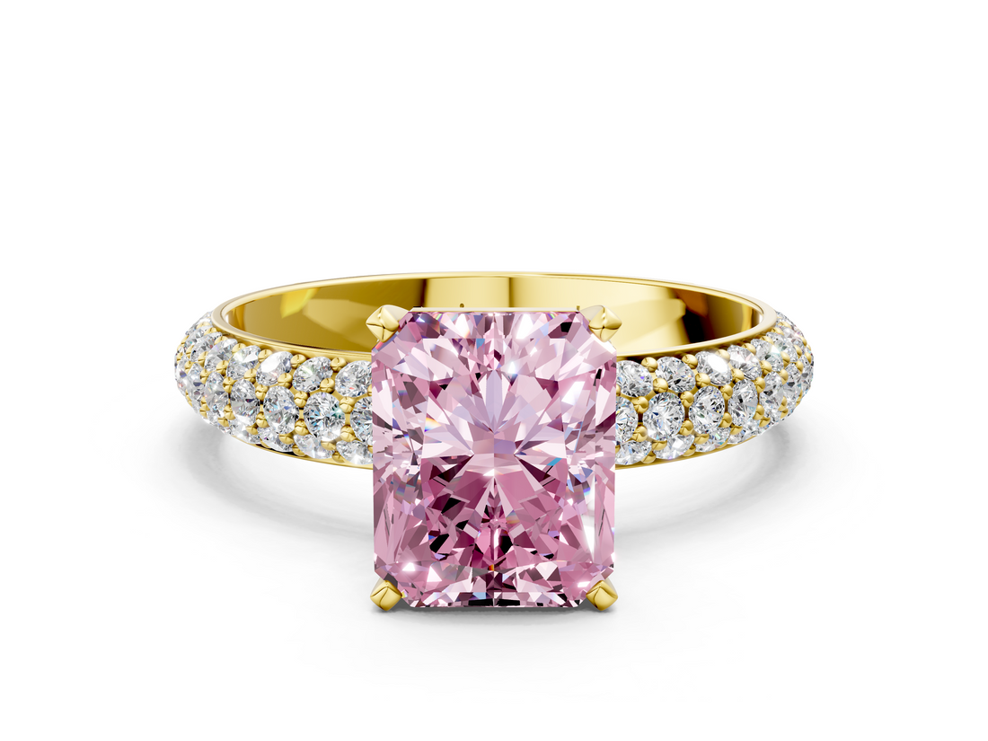 Yellow gold Fancy Pink Radiant  Solitaire with Pave Band and Four-Prong Setting_3