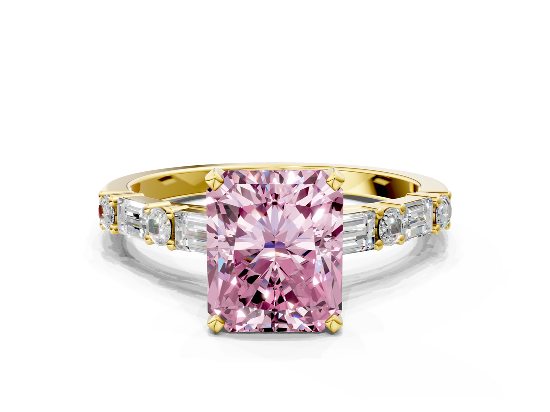 Yellow gold Fancy Pink Radiant  Solitaire with Side Baguettes and Channel Set Band_44
