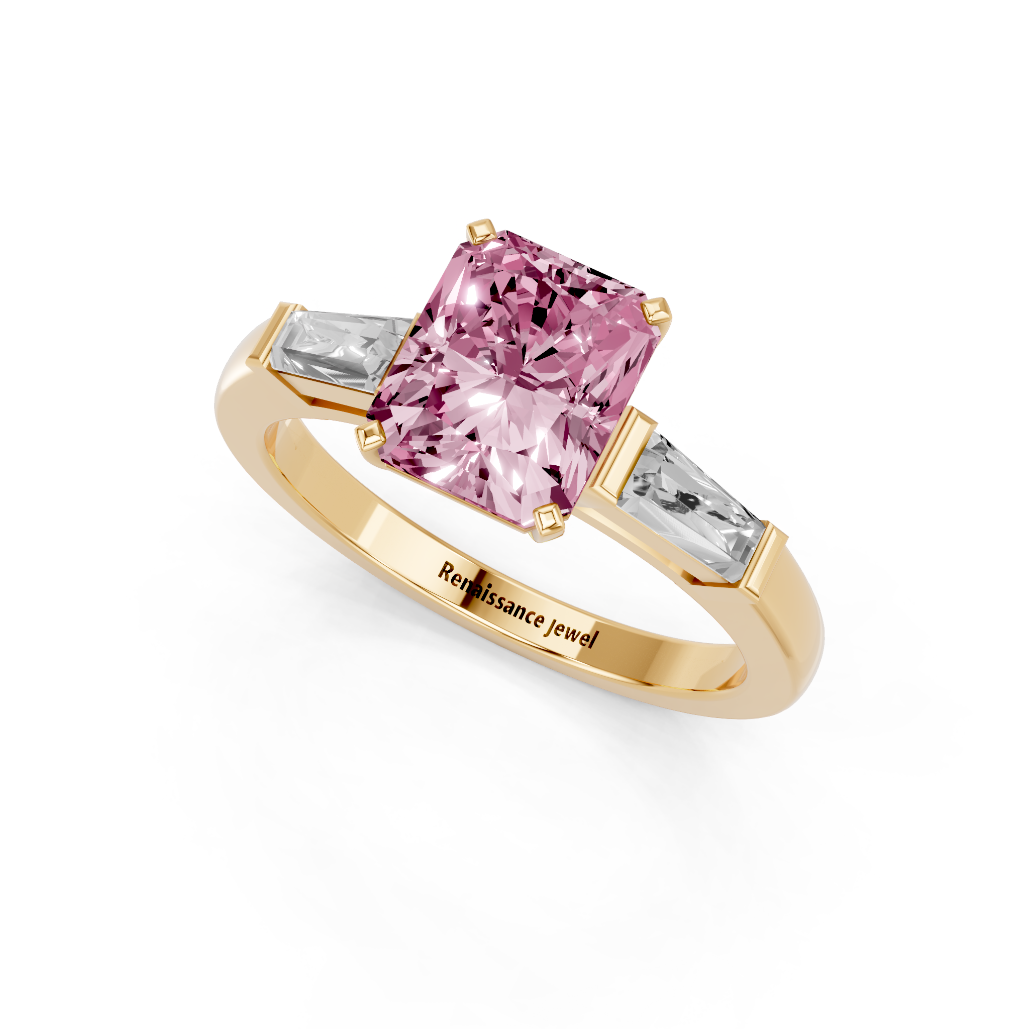 Yellow gold Fancy Pink Radiant  Solitaire with Tapered Baguette Side Stones on a Classic Band with Four-Prong Setting