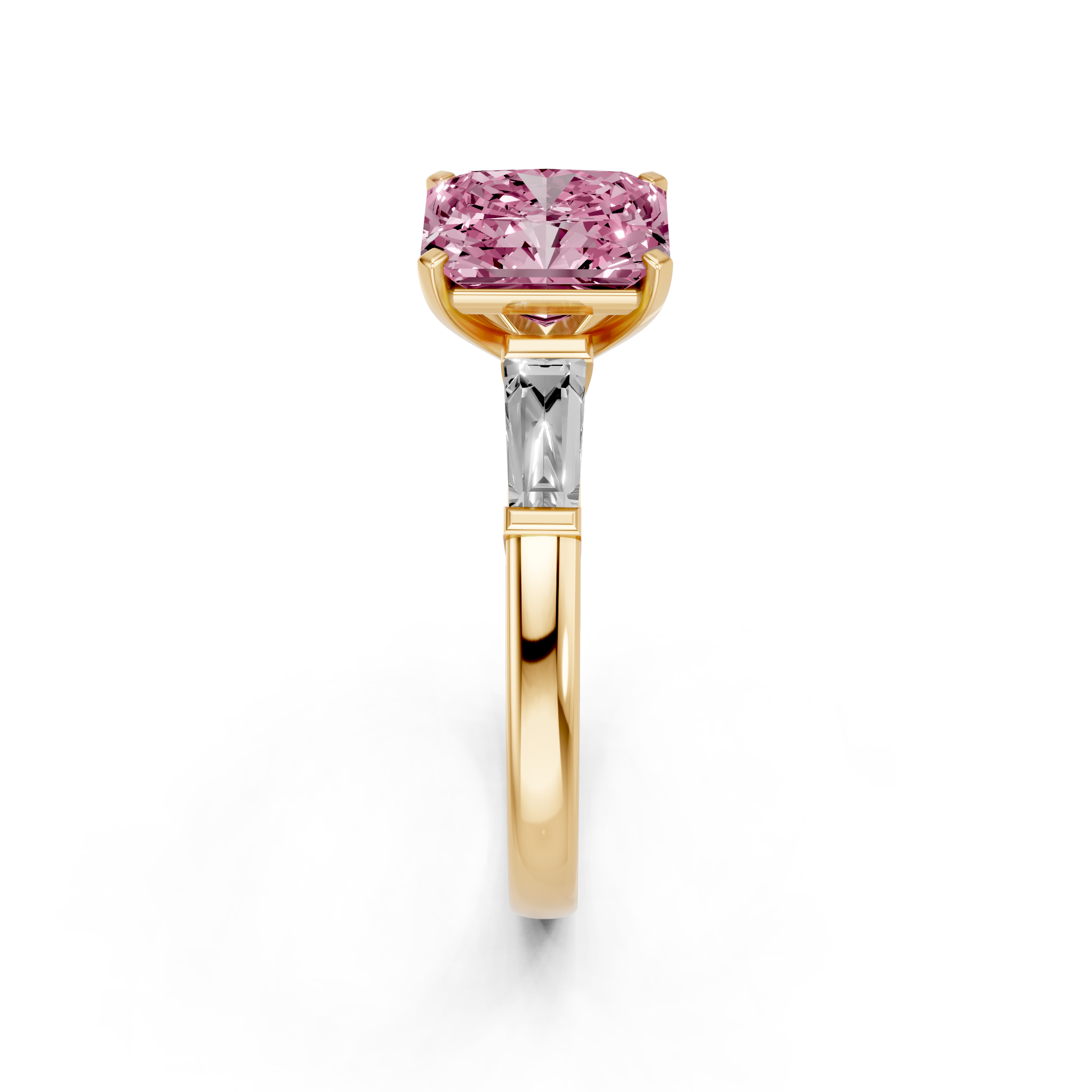 Yellow gold Fancy Pink Radiant  Solitaire with Tapered Baguette Side Stones on a Classic Band with Four-Prong Setting_1
