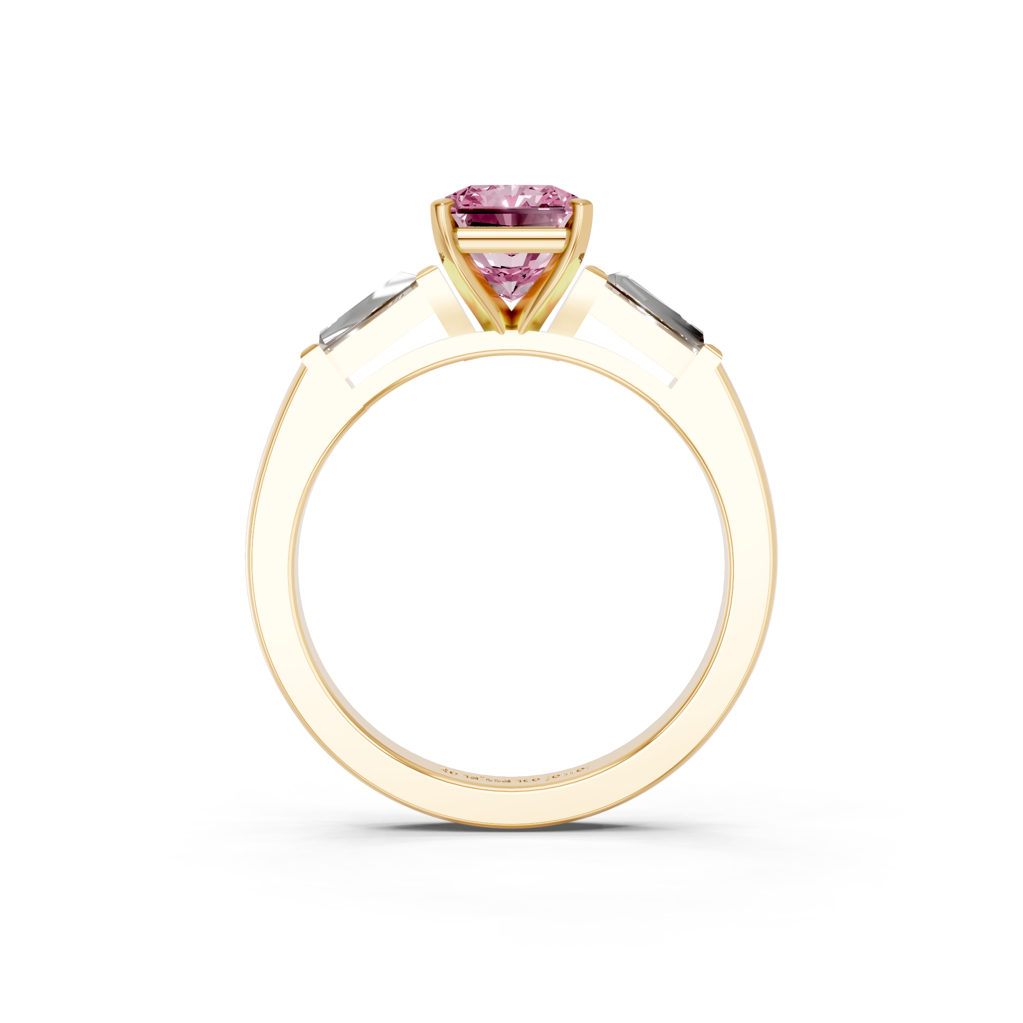 Yellow gold Fancy Pink Radiant  Solitaire with Tapered Baguette Side Stones on a Classic Band with Four-Prong Setting_2