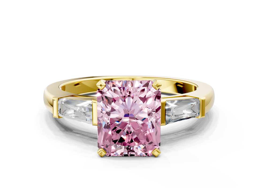 Yellow gold Fancy Pink Radiant  Solitaire with Tapered Baguette Side Stones on a Classic Band with Four-Prong Setting_92