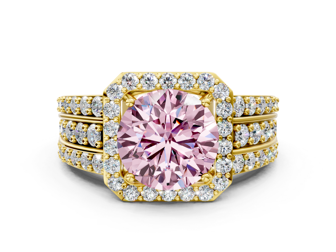 Yellow gold Fancy Pink Round -Cut Halo Diamond Ring with Split Shank and Four-Prong Setting_17
