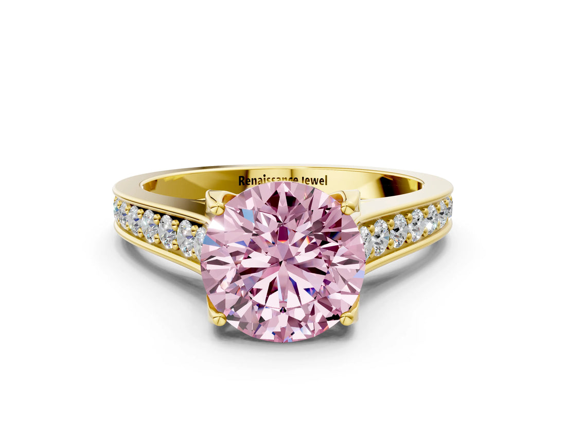 Yellow gold Fancy Pink Round  Brilliant Cut Diamond Engagement Ring with Pavé Band and Four-Prong Setting_29
