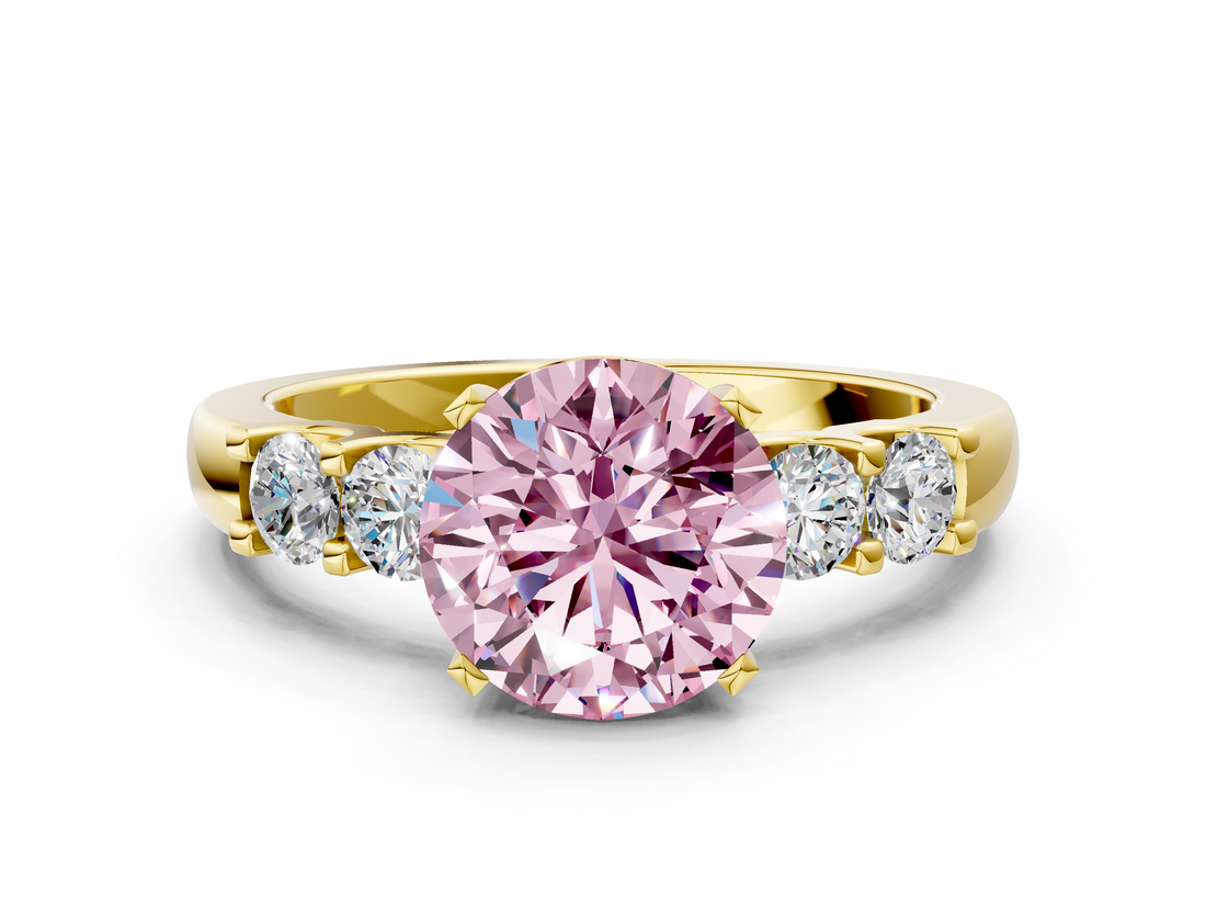 Yellow gold Fancy Pink Round  Brilliant Cut Diamond Five-Stone Prong Set Engagement Ring with Channel Band