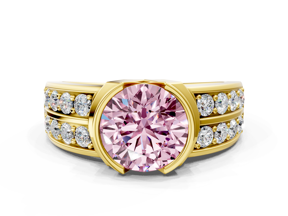 Yellow gold Fancy Pink Round  Brilliant Diamond Channel Set Wide Band Ring with Bezel Setting