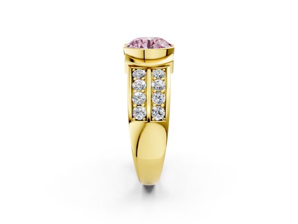 Yellow gold Fancy Pink Round  Brilliant Diamond Channel Set Wide Band Ring with Bezel Setting