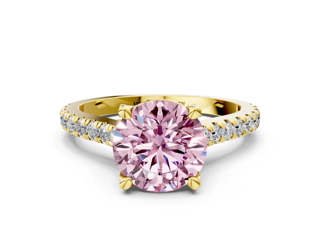 Yellow gold Fancy Pink Round  Brilliant Diamond Solitaire with Pavé Band and Four-Prong Setting 1