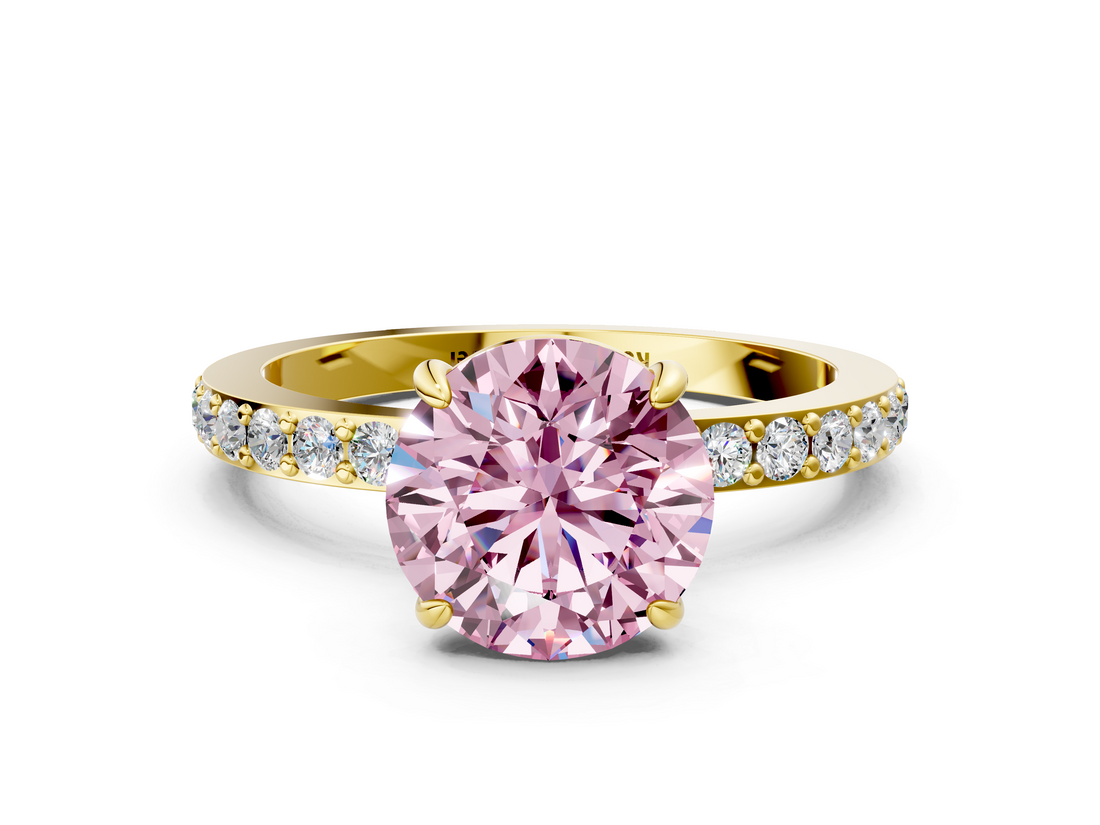 Yellow gold Fancy Pink Round  Brilliant Pavé Band Solitaire with Four-Prong Setting_18