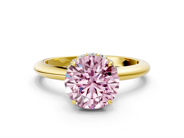 Yellow gold Fancy Pink Round  Brilliant Solitaire Engagement Ring with Six-Prong Setting and Classic Band
