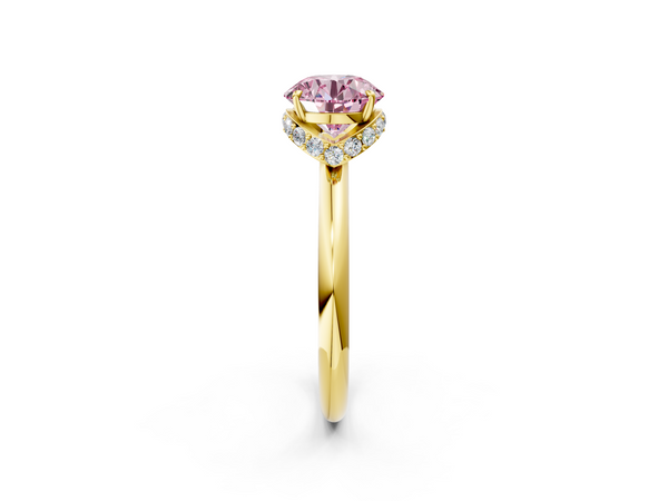 Yellow gold Fancy Pink Round  Brilliant Solitaire Engagement Ring with Six-Prong Setting and Classic Band