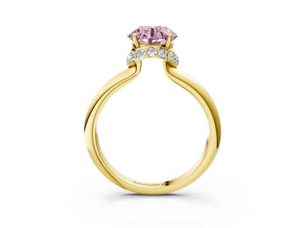 Yellow gold Fancy Pink Round  Brilliant Solitaire Engagement Ring with Six-Prong Setting and Classic Band