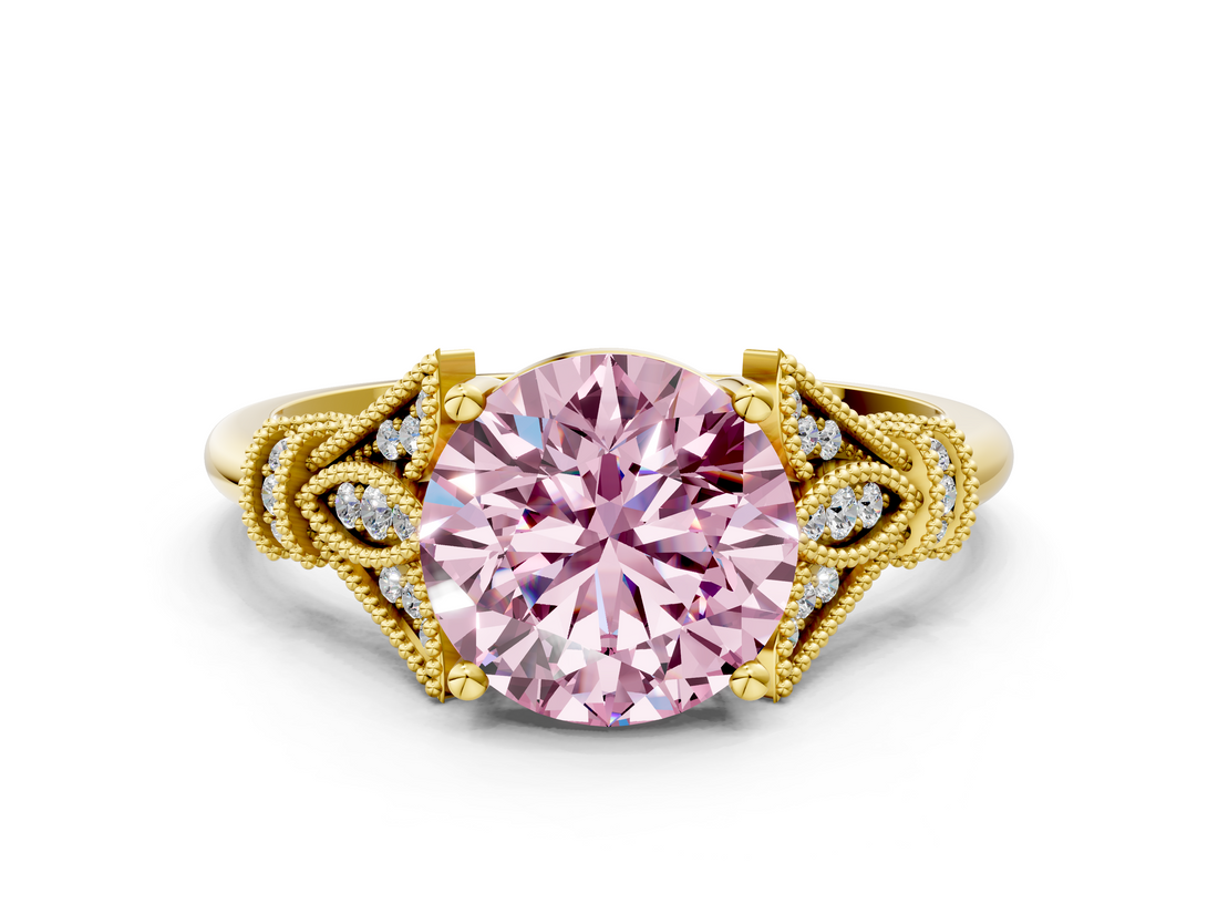 Yellow gold Fancy Pink Round  Brilliant Solitaire with Pave Band and Four-Prong Setting