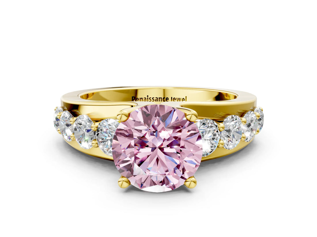 Yellow gold Fancy Pink Round  Brilliant Solitaire with Side Stones on a Pave Band and Four-Prong Setting_24