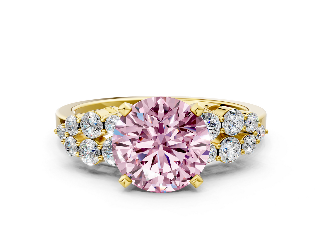 Yellow gold Fancy Pink Round  Cluster Diamond Engagement Ring with Pavé Band and Four-Prong Setting