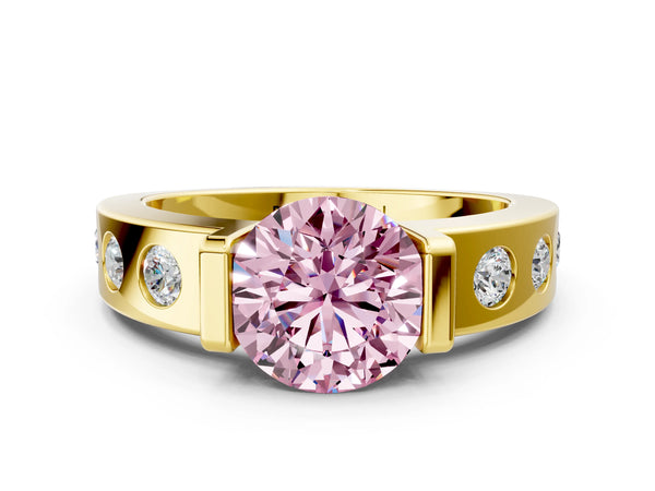 Yellow gold Fancy Pink Round Cut Brilliant Channel-Set Diamond Ring with Bezel Prong Setting