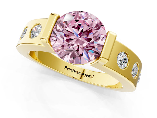 Yellow gold Fancy Pink Round Cut Brilliant Channel-Set Diamond Ring with Bezel Prong Setting