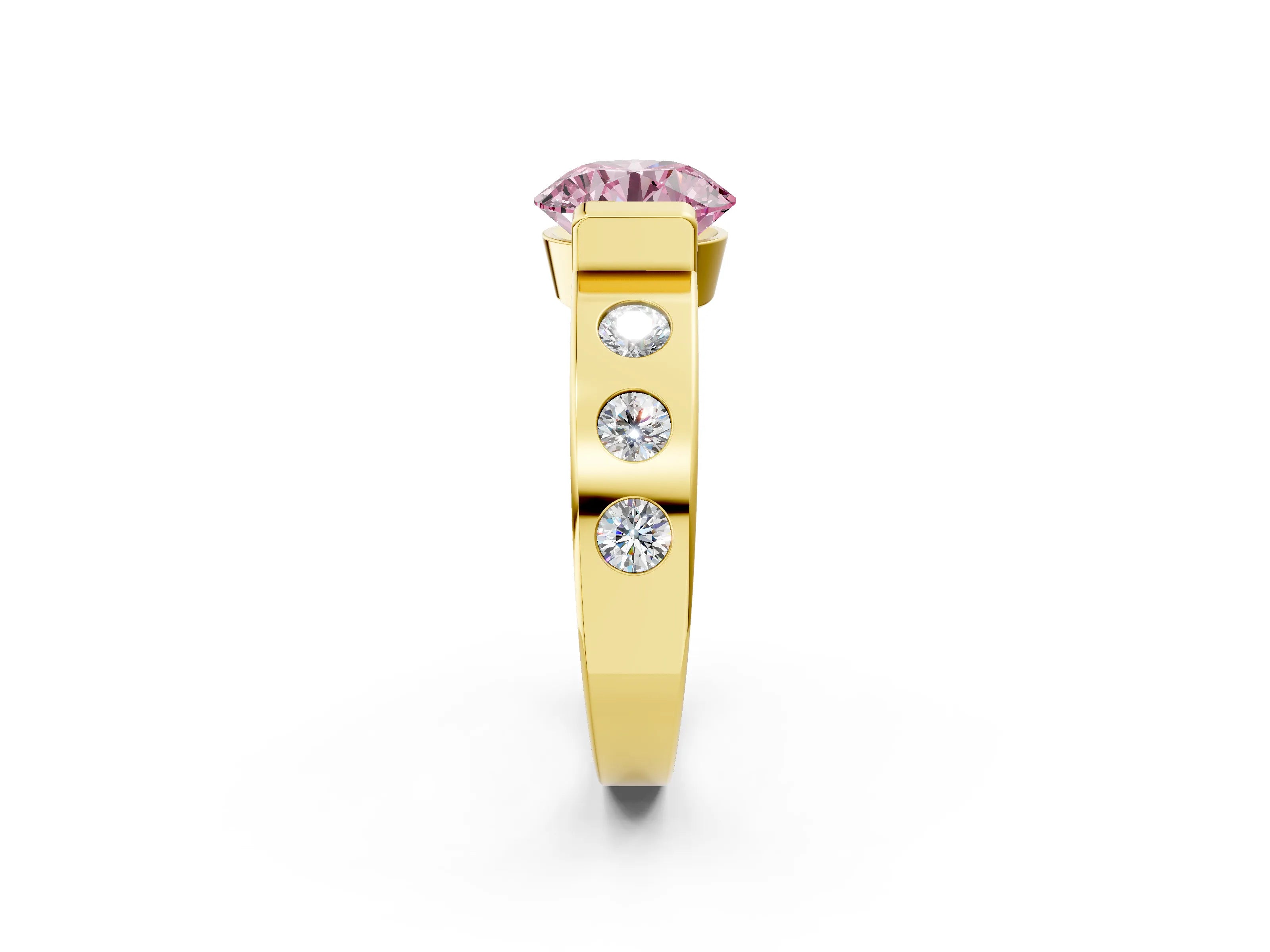 Yellow gold Fancy Pink Round Cut Brilliant Channel-Set Diamond Ring with Bezel Prong Setting_2