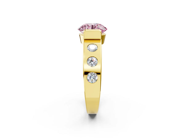 Yellow gold Fancy Pink Round Cut Brilliant Channel-Set Diamond Ring with Bezel Prong Setting