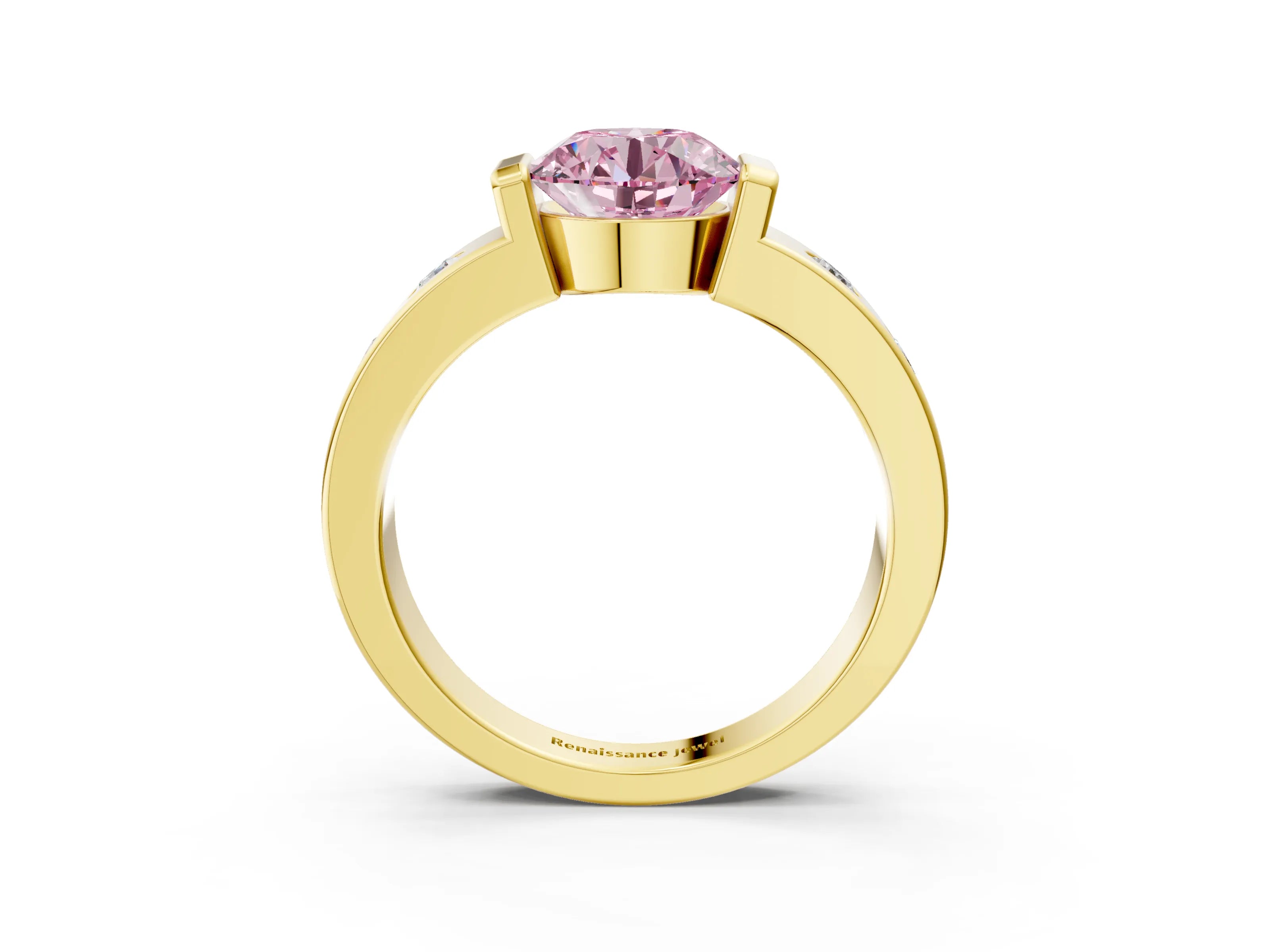 Yellow gold Fancy Pink Round Cut Brilliant Channel-Set Diamond Ring with Bezel Prong Setting_3