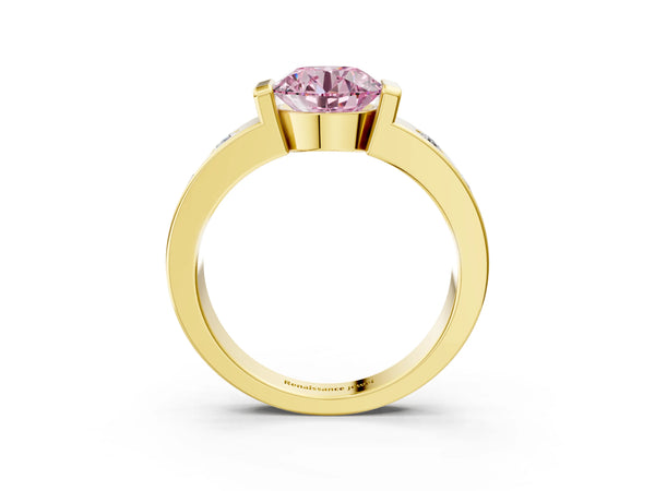 Yellow gold Fancy Pink Round Cut Brilliant Channel-Set Diamond Ring with Bezel Prong Setting