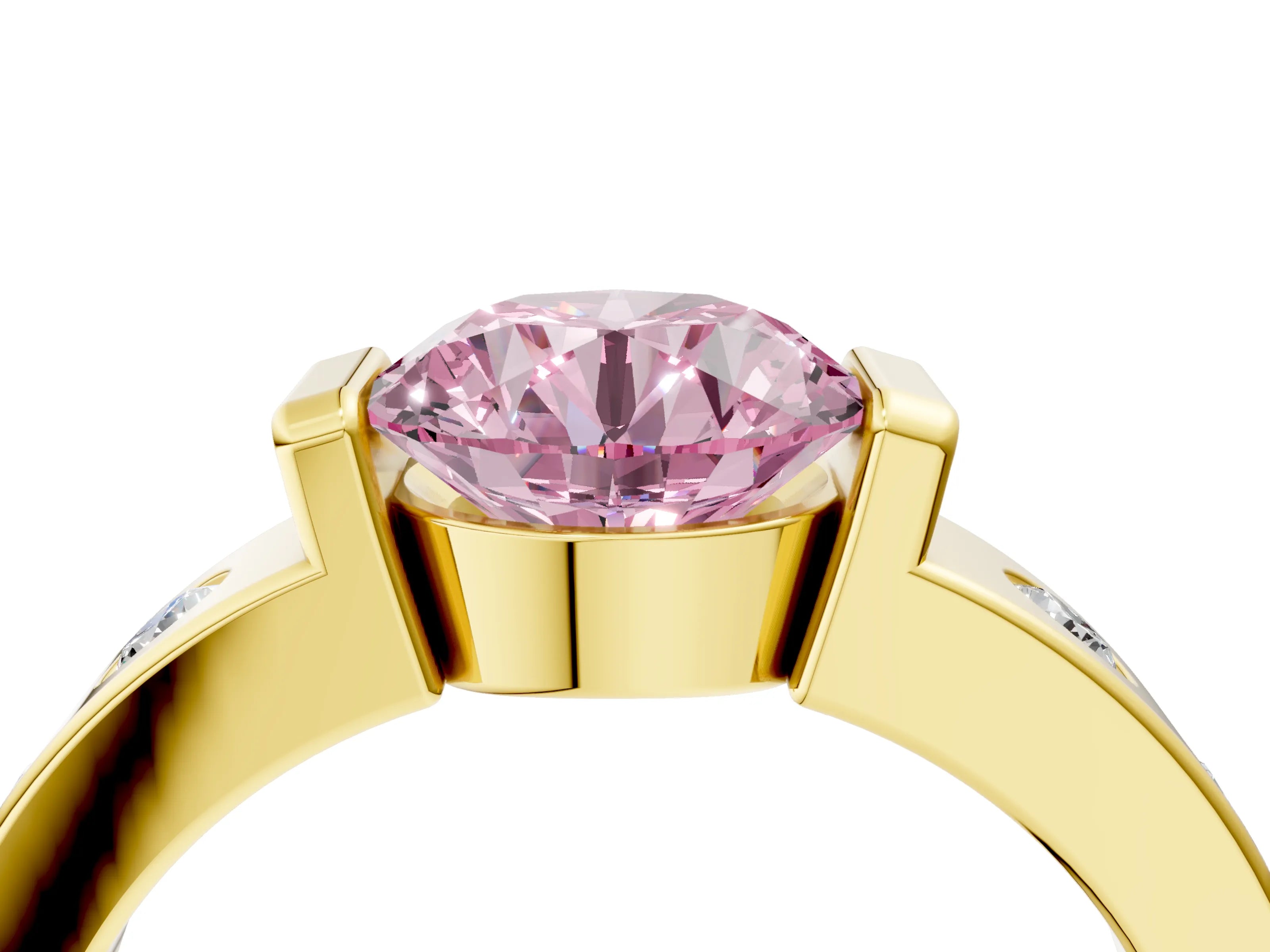 Yellow gold Fancy Pink Round Cut Brilliant Channel-Set Diamond Ring with Bezel Prong Setting_4