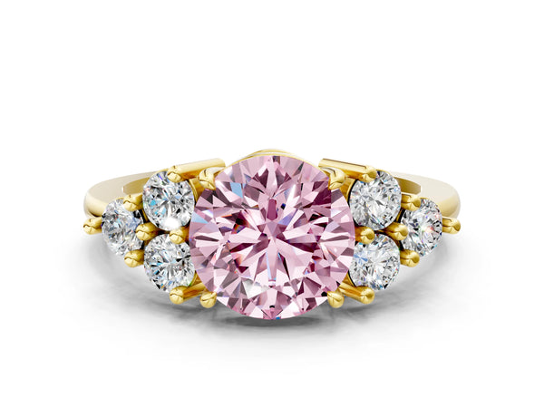 Yellow gold Fancy Pink Round Cut Brilliant Diamond Cluster Accent Solitaire Ring with Prong Setting