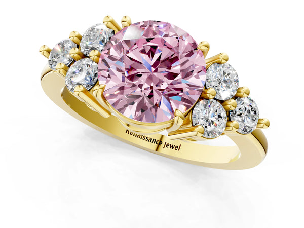 Yellow gold Fancy Pink Round Cut Brilliant Diamond Cluster Accent Solitaire Ring with Prong Setting