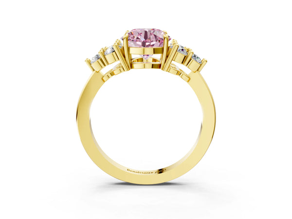 Yellow gold Fancy Pink Round Cut Brilliant Diamond Cluster Accent Solitaire Ring with Prong Setting