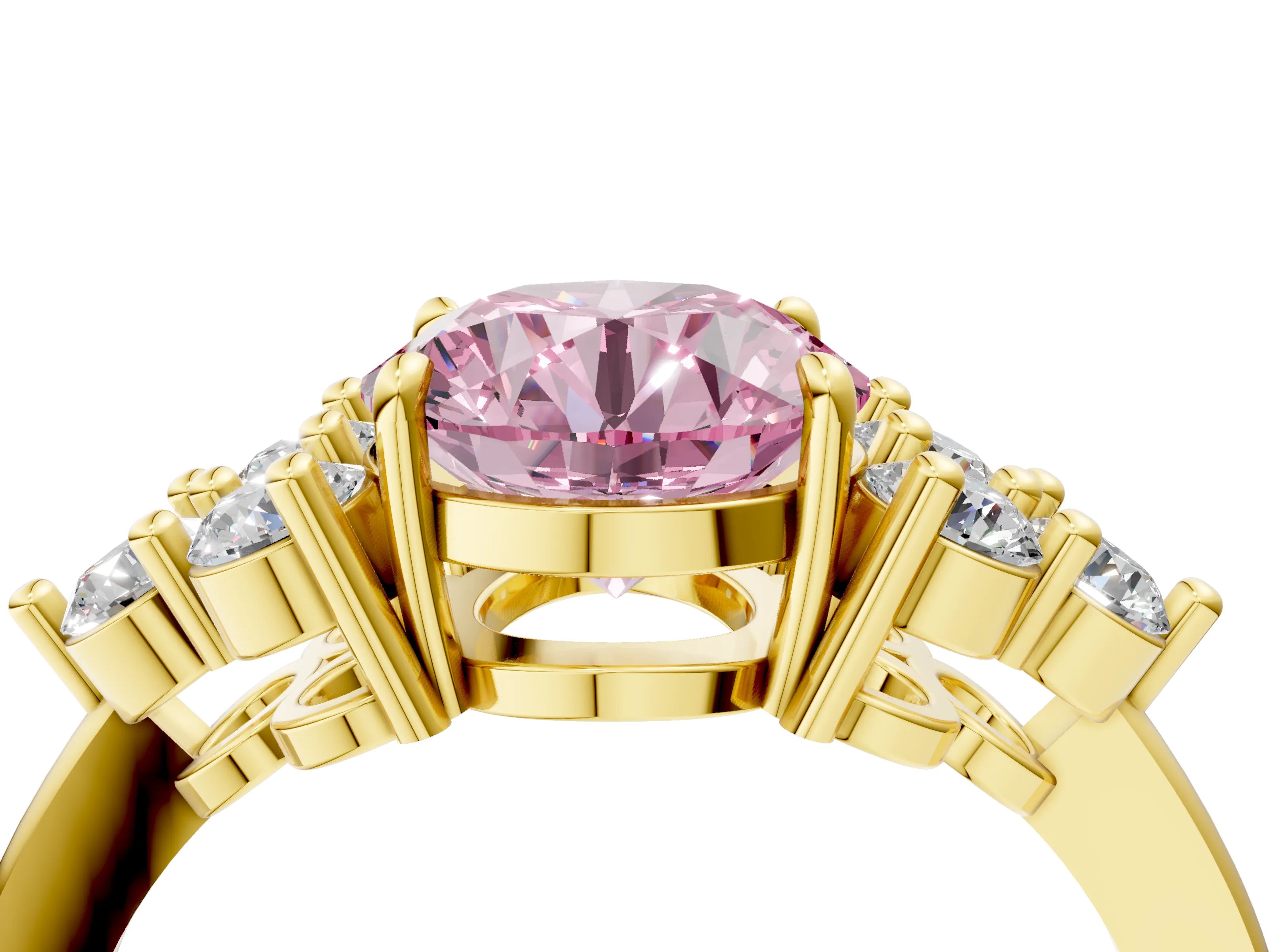 Yellow gold Fancy Pink Round Cut Brilliant Diamond Cluster Accent Solitaire Ring with Prong Setting_4