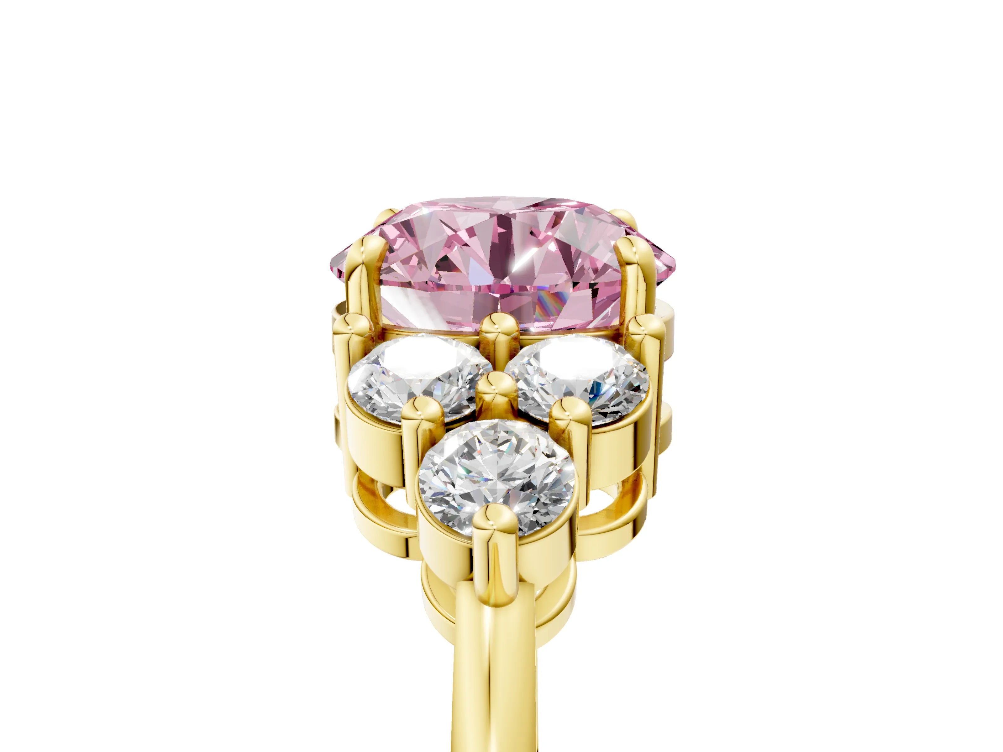 Yellow gold Fancy Pink Round Cut Brilliant Diamond Cluster Accent Solitaire Ring with Prong Setting_5