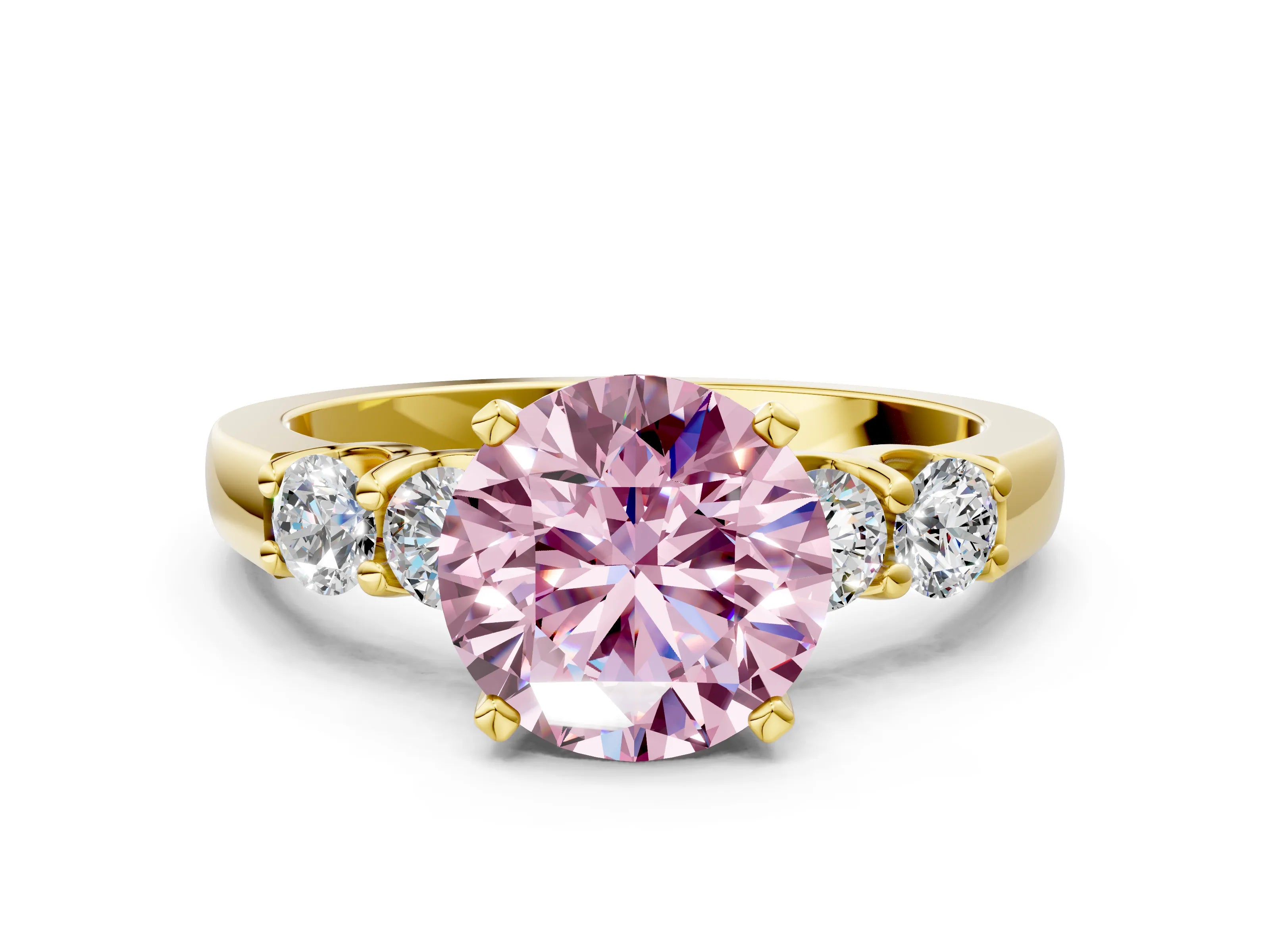 Yellow gold Fancy Pink Round Cut Brilliant Diamond Five-Stone Engagement Ring with Prong Setting on a Classic Band_3