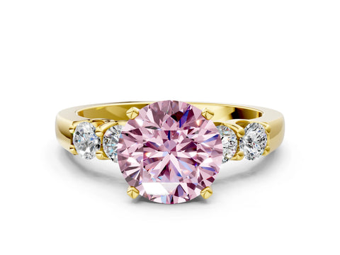 Yellow gold Fancy Pink Round Cut Brilliant Diamond Five-Stone Engagement Ring with Prong Setting on a Classic Band_3