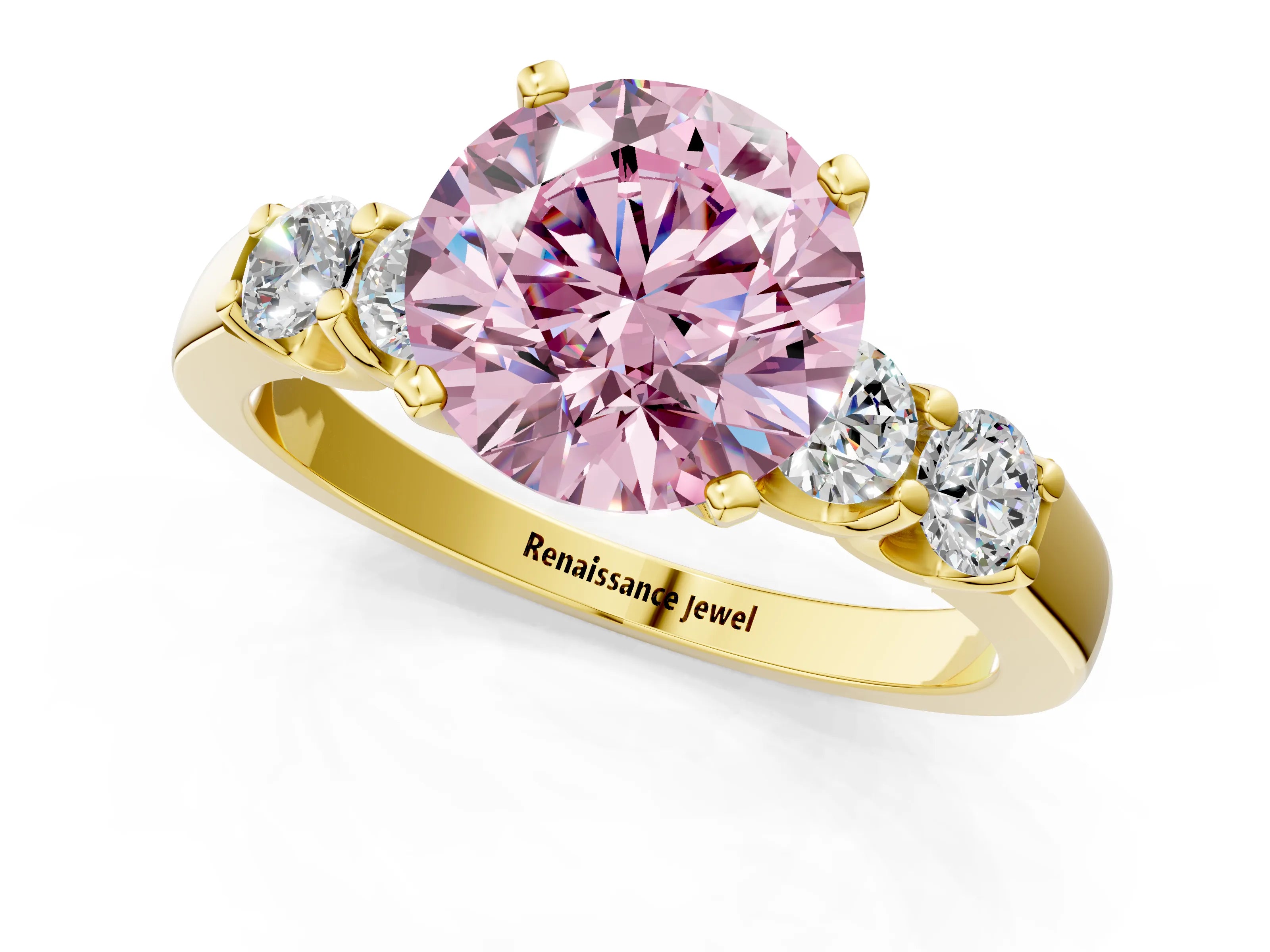 Yellow gold Fancy Pink Round Cut Brilliant Diamond Five-Stone Engagement Ring with Prong Setting on a Classic Band_4