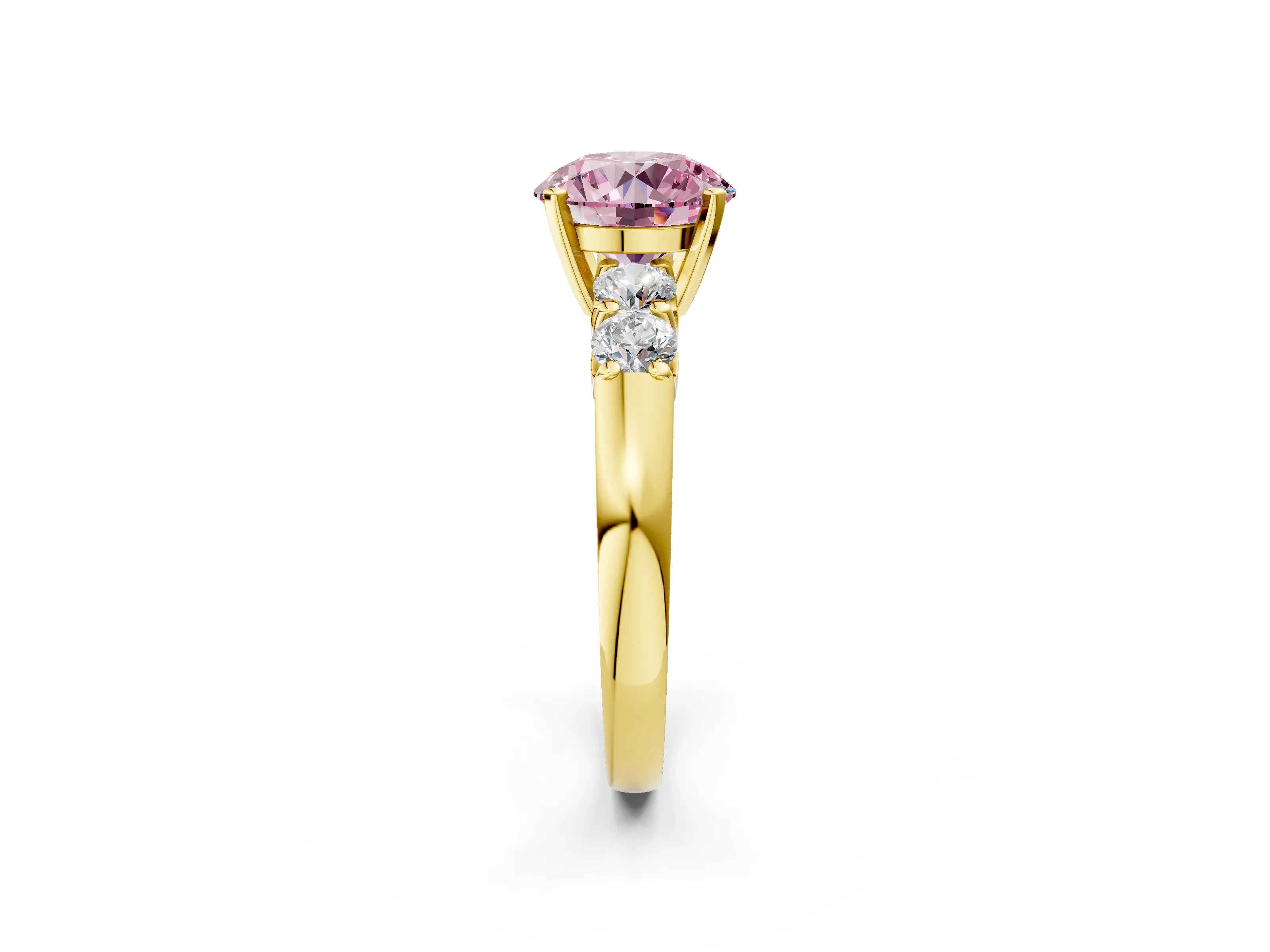 Yellow gold Fancy Pink Round Cut Brilliant Diamond Five-Stone Engagement Ring with Prong Setting on a Classic Band_5