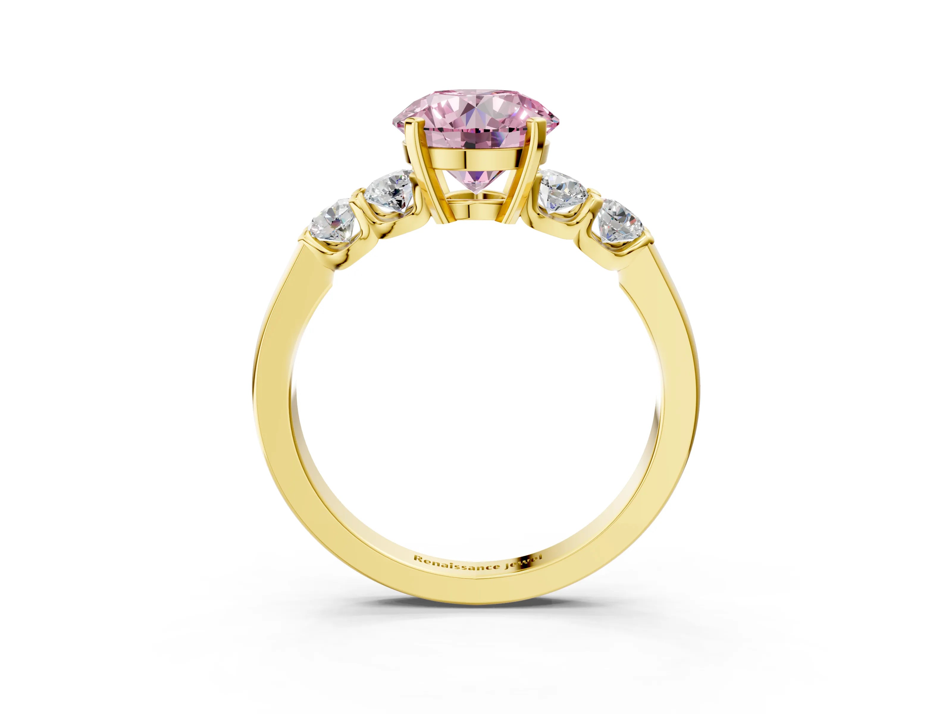 Yellow gold Fancy Pink Round Cut Brilliant Diamond Five-Stone Engagement Ring with Prong Setting on a Classic Band_6