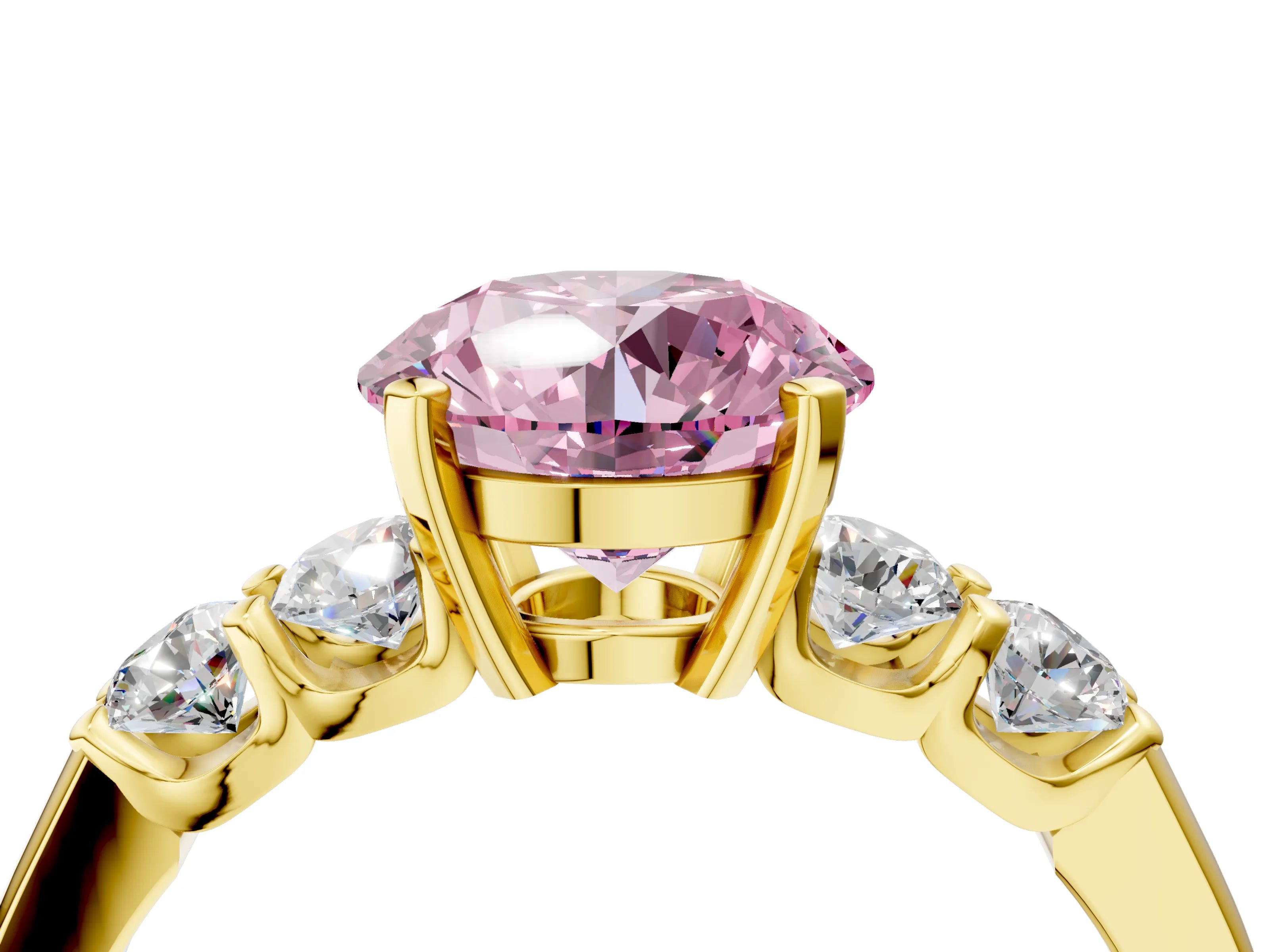 Yellow gold Fancy Pink Round Cut Brilliant Diamond Five-Stone Engagement Ring with Prong Setting on a Classic Band_7