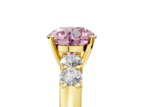 Yellow gold Fancy Pink Round Cut Brilliant Diamond Five-Stone Engagement Ring with Prong Setting on a Classic Band_8