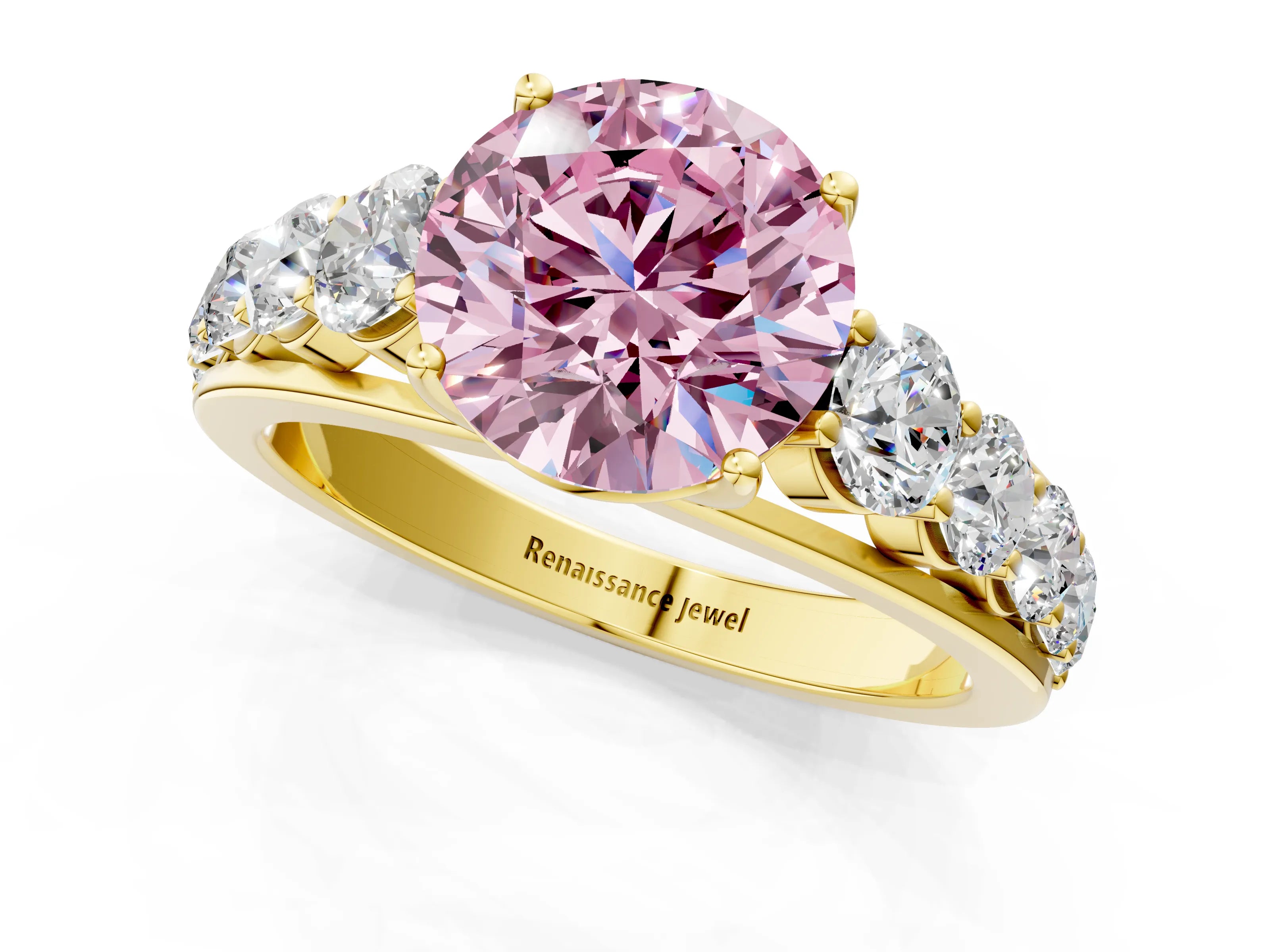 Yellow gold Fancy Pink Round Cut Brilliant Diamond Pavé Band with Six-Prong Setting_1