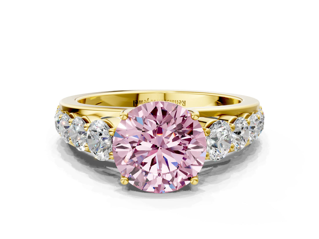 Yellow gold Fancy Pink Round Cut Brilliant Diamond Pavé Band with Six-Prong Setting_12