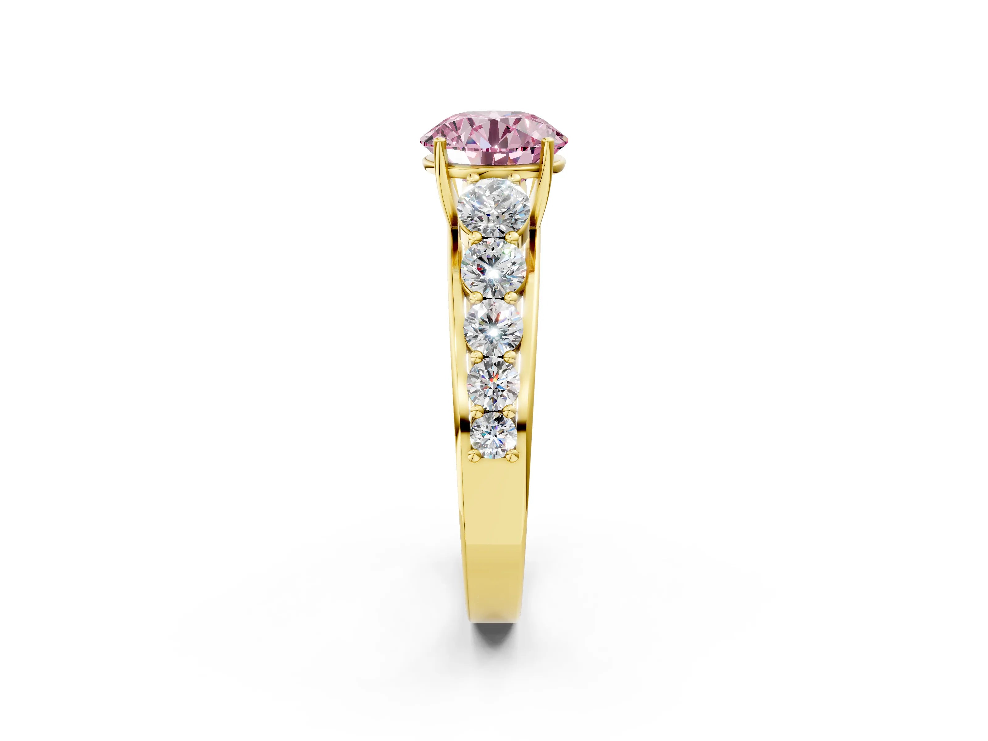 Yellow gold Fancy Pink Round Cut Brilliant Diamond Pavé Band with Six-Prong Setting_2