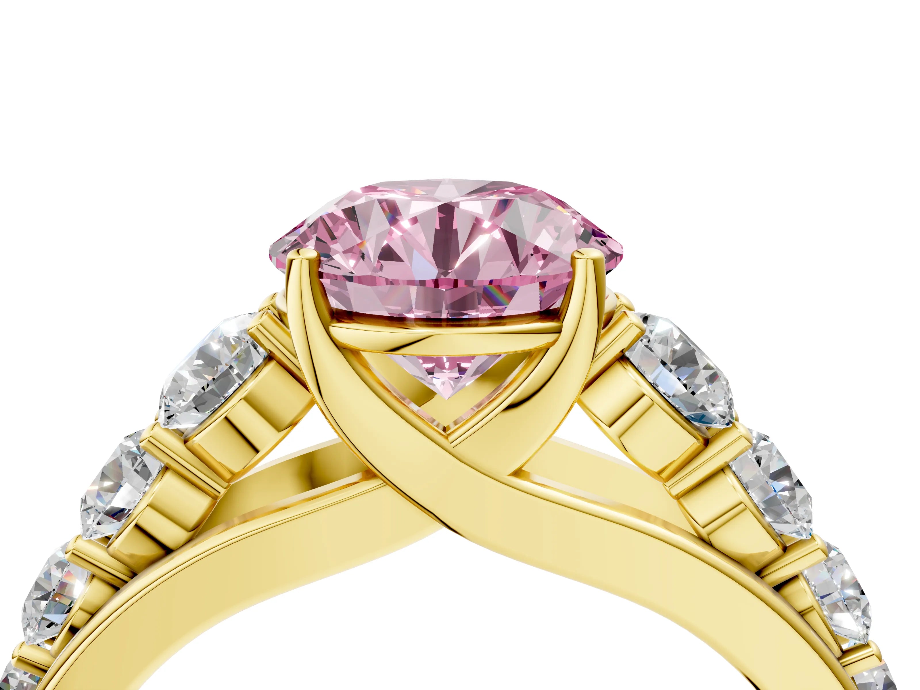 Yellow gold Fancy Pink Round Cut Brilliant Diamond Pavé Band with Six-Prong Setting_4