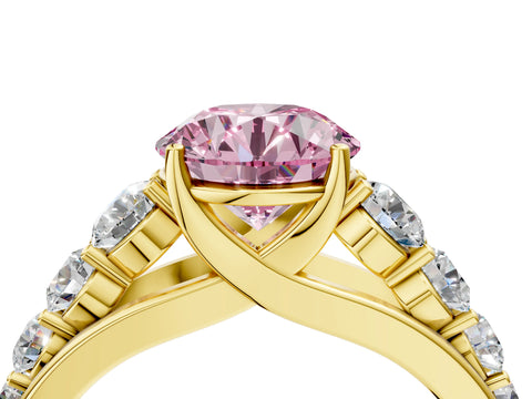 Yellow gold Fancy Pink Round Cut Brilliant Diamond Pavé Band with Six-Prong Setting_4